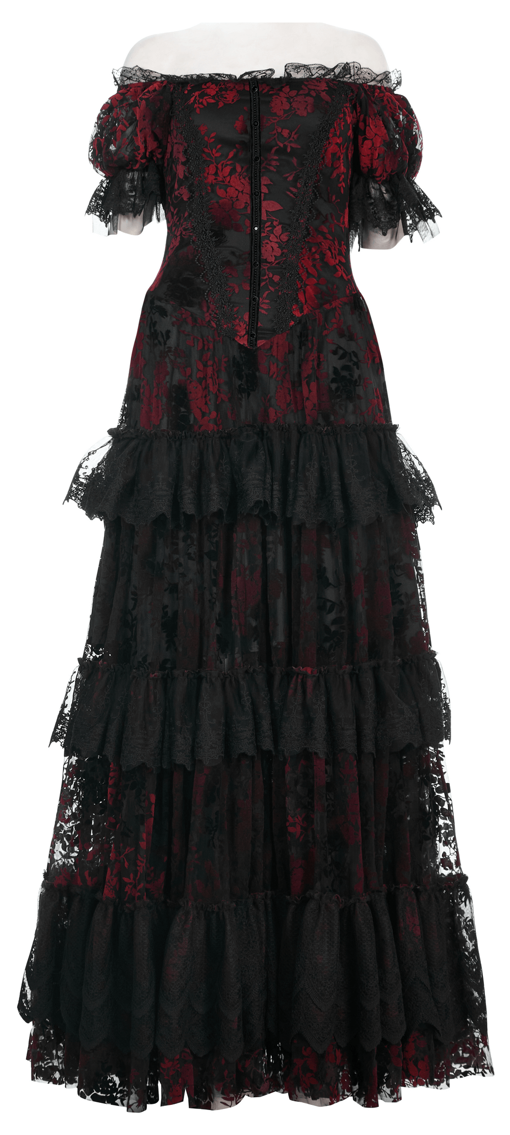 Gothic elegance gown in red and black with flocking print and ruffled layers, perfect for romantic, mystical occasions.