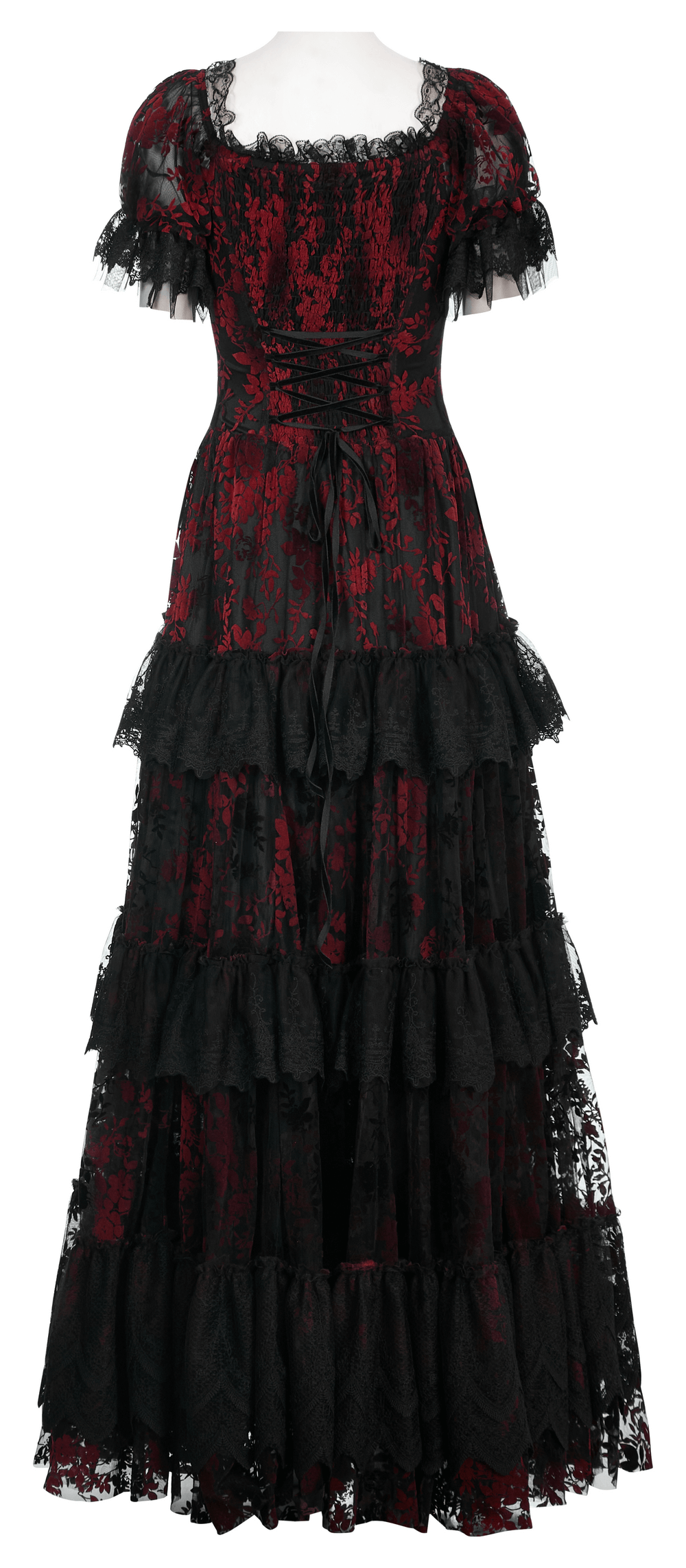 Gothic elegance red flocking mesh gown with short sleeves and layered black lace, perfect for romantic occasions.