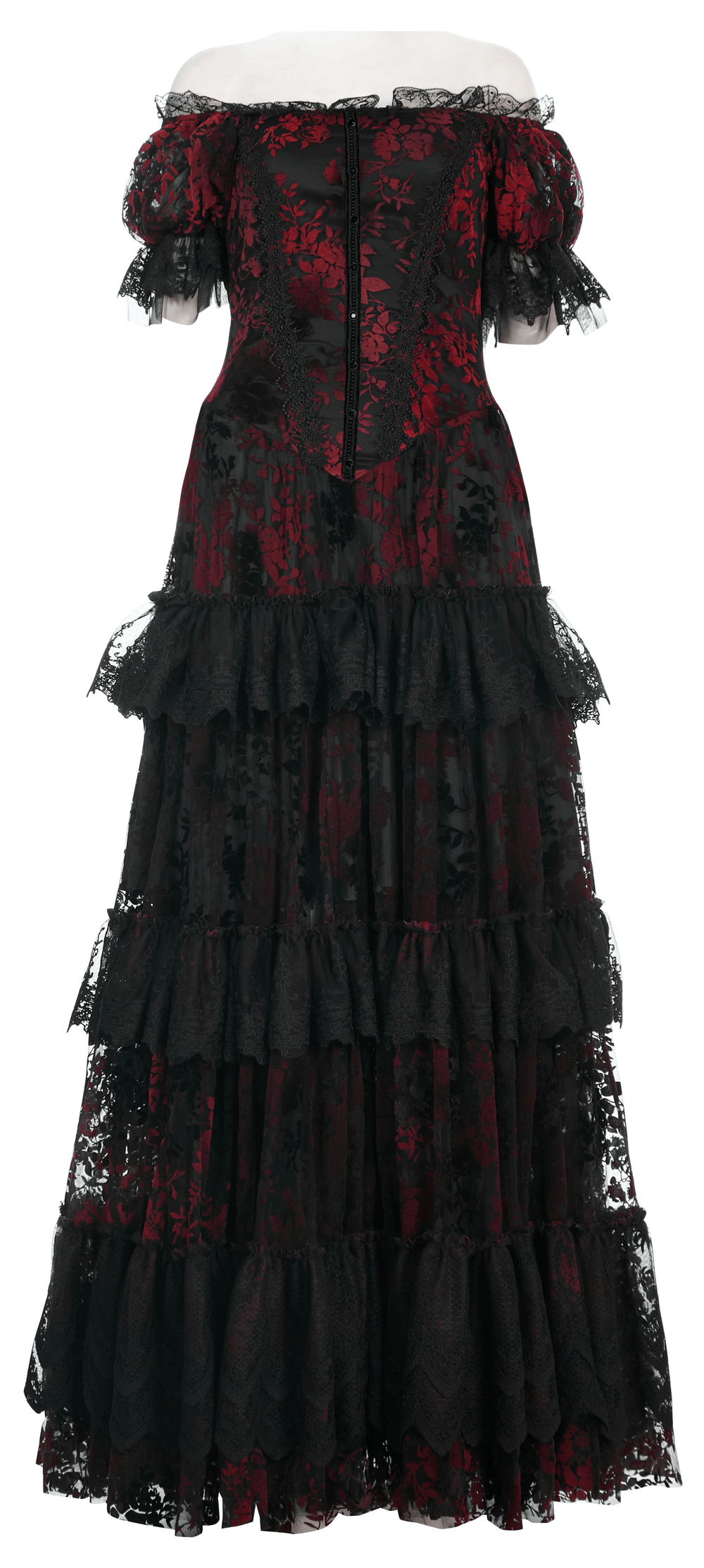 Gothic Elegance Flocking Mesh Red Print Gown With Short Sleeves - HARD'N'HEAVY