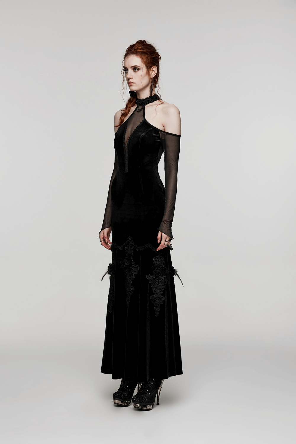 Gothic Elegance Velvet Gown featuring off-shoulder design and intricate detailing, perfect for sophisticated occasions.