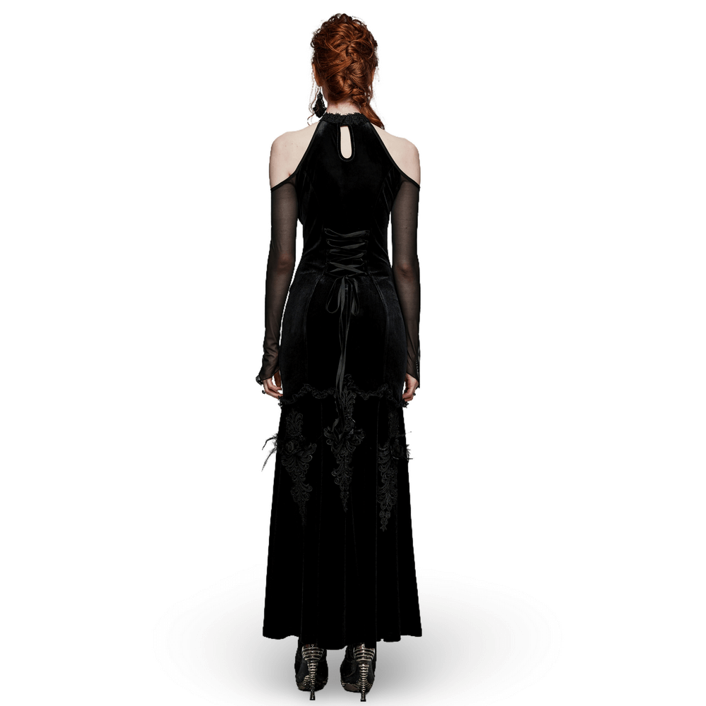 Back view of a Gothic Elegance Velvet Gown featuring a delicate design and off-shoulder cut for stunning elegance.