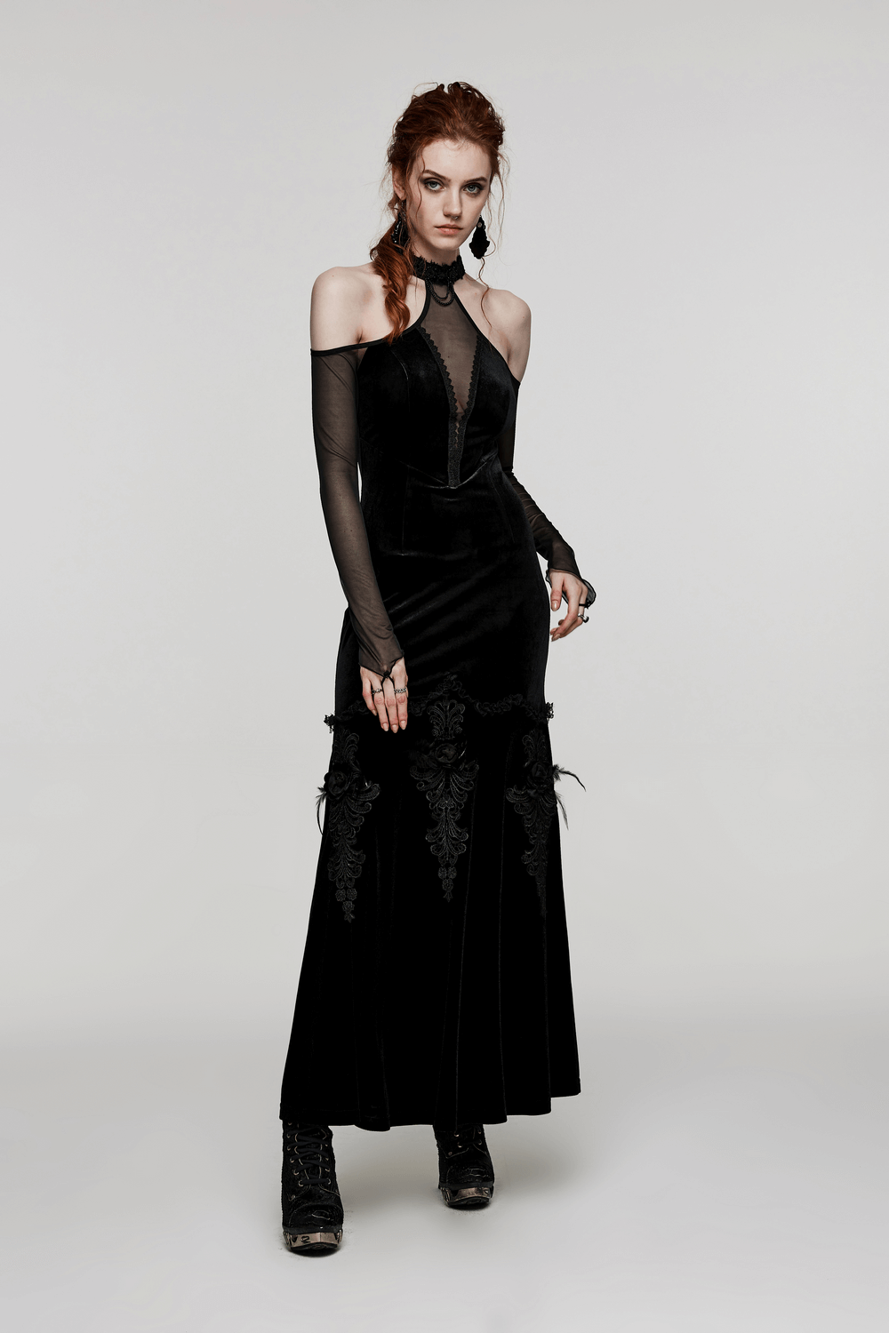 Gothic Elegance Velvet Gown featuring off-shoulder design and exquisite collar with snap buckle, perfect for evening wear.
