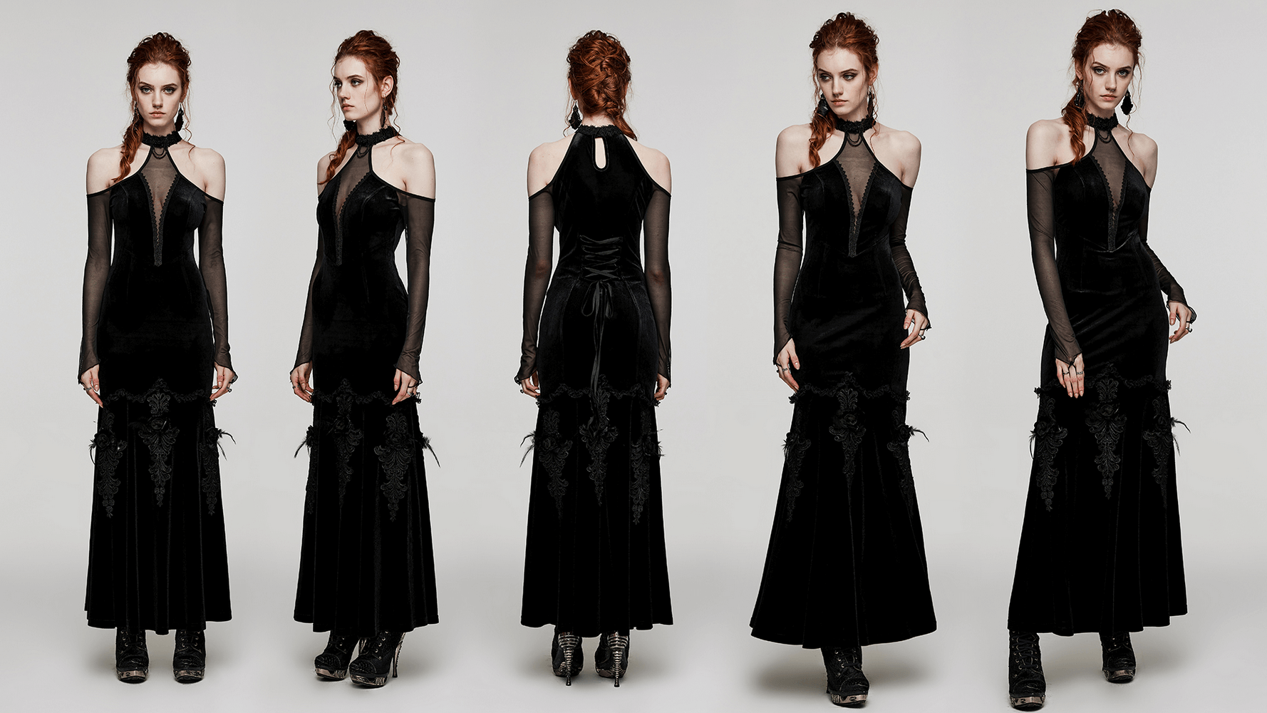 Gothic elegance velvet gown with off-shoulder design and deep V-neckline, showcasing luxurious sophistication.