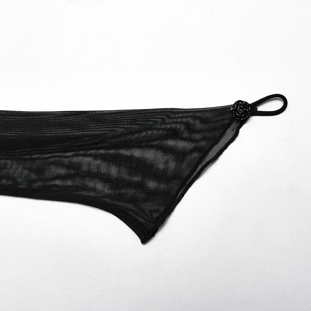 Elegant black sheer fabric with decorative knot detail, perfect for Gothic-style outfits. Ideal for layering or statement looks.
