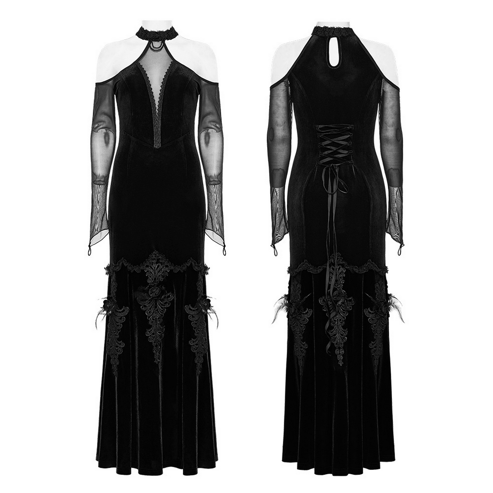 Gothic elegance velvet gown with off-shoulder cut and intricate lace detailing, perfect for a dramatic evening look.