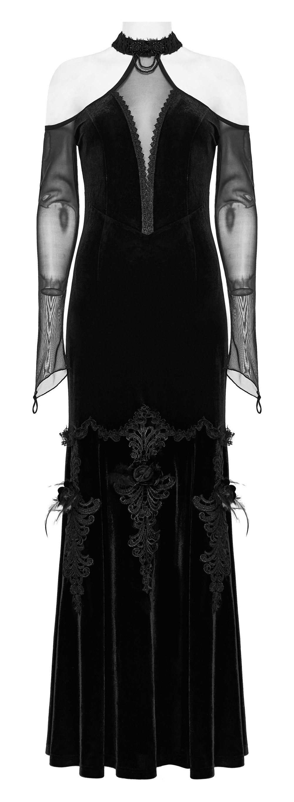 Elegant Gothic velvet maxi dress with off-shoulder cut and exquisite detailing, perfect for sophisticated occasions.