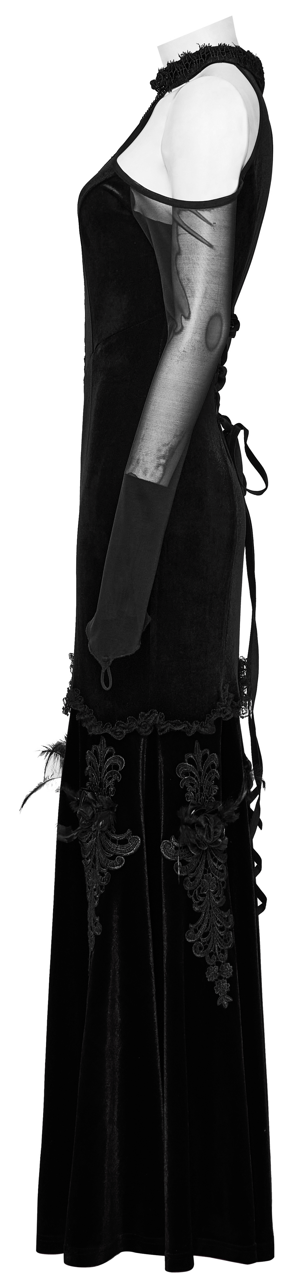 Elegant Gothic Women's Velvet Maxi Dress featuring off-shoulder cut and intricate lace details.