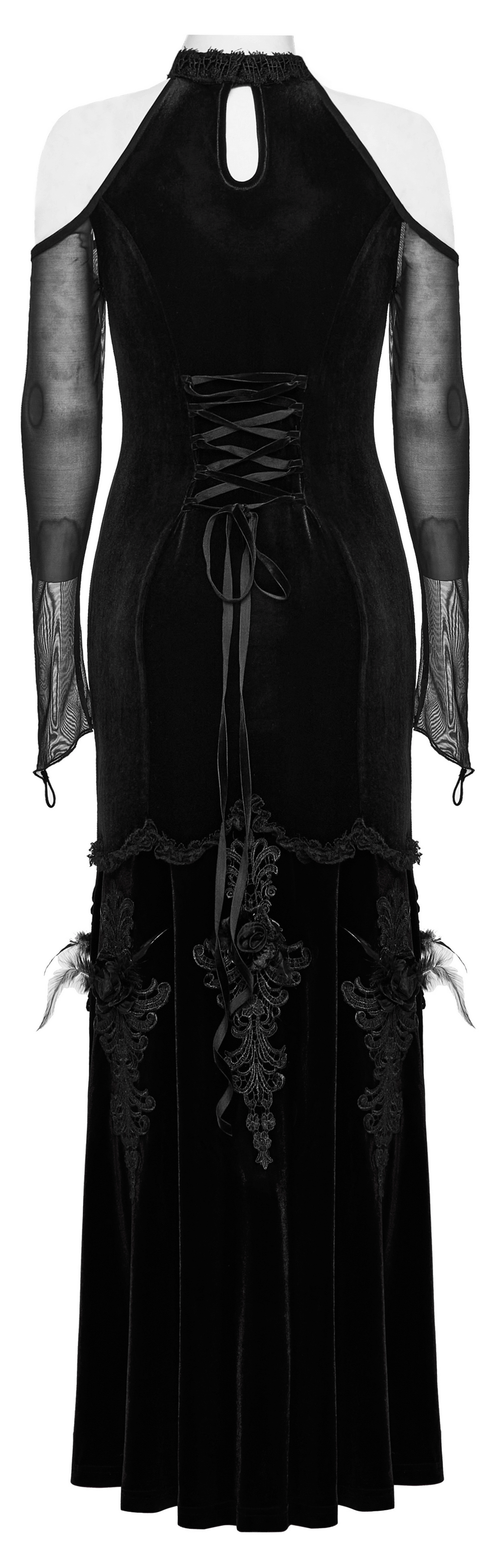 Back view of a Gothic Elegant Velvet Gown, showcasing lace-up design and mesh sleeves, perfect for sophisticated occasions.