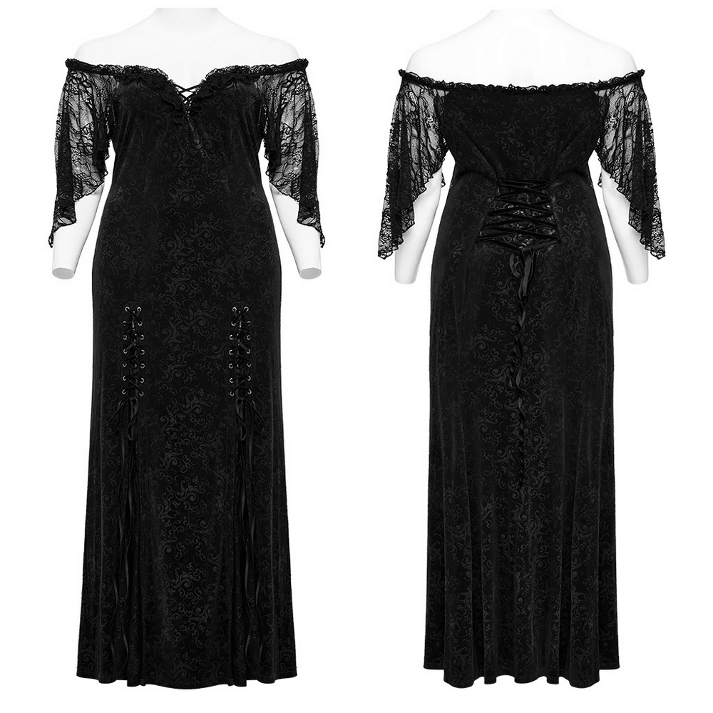 Gothic elegance black velvet lace-up long dress with off-shoulder design and intricate lace sleeves.