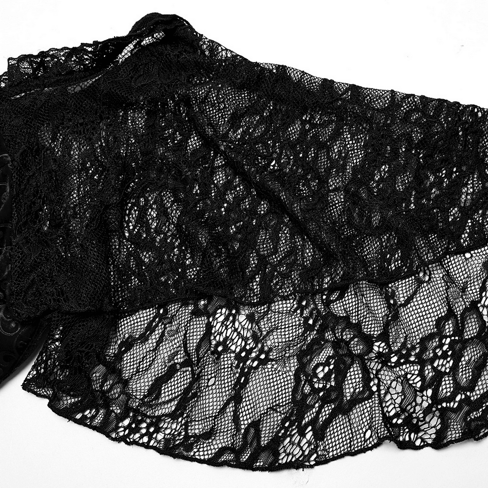 Luxurious black lace fabric showcasing intricate patterns and delicate ruffles for gothic elegance.