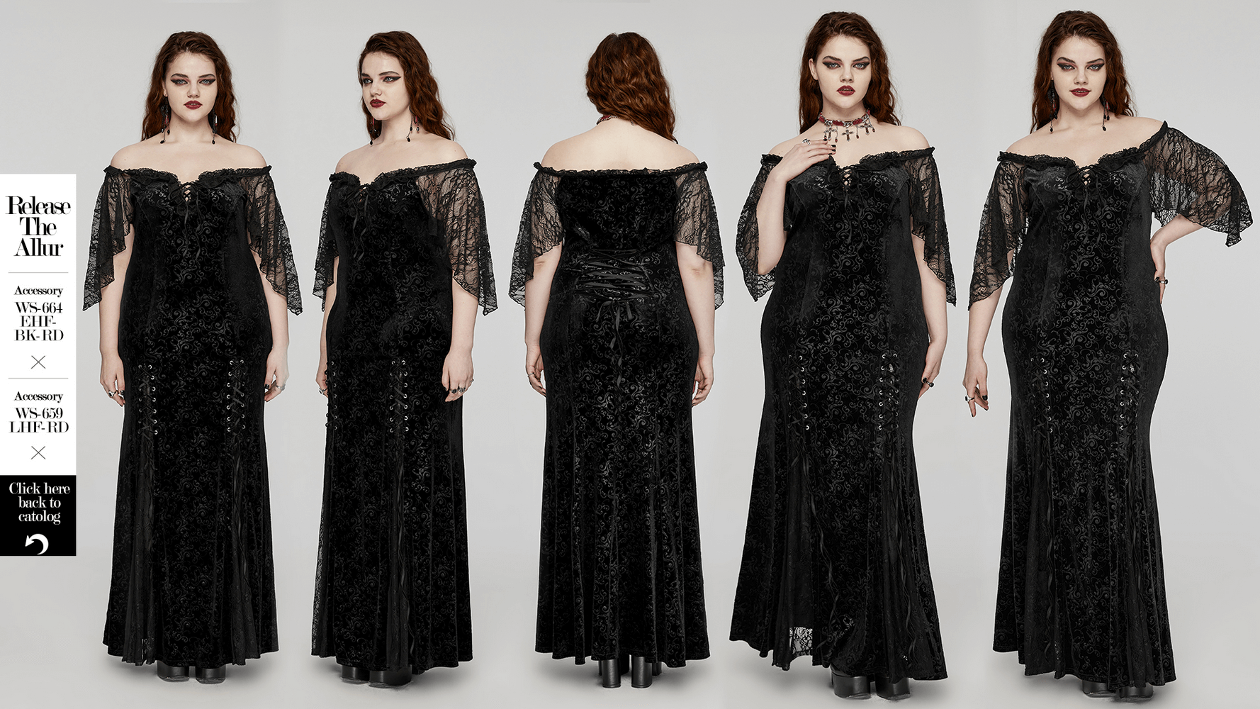 Gothic off-shoulder velvet lace-up dress in black, featuring intricate lace sleeves and elegant ruffle edges.