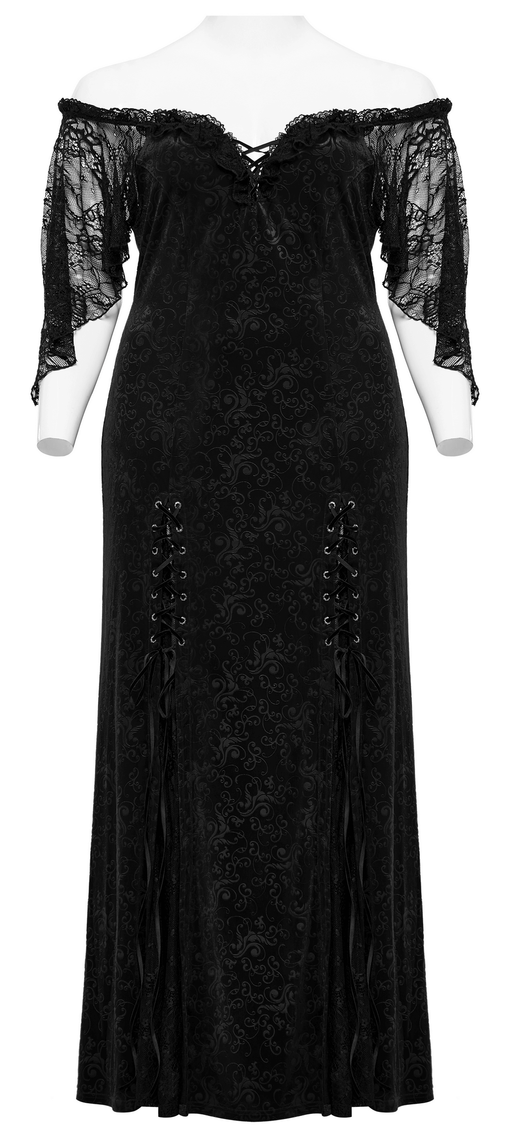 Gothic black velvet off-shoulder long dress with lace details and ruffled neckline, perfect for elegant mystique.