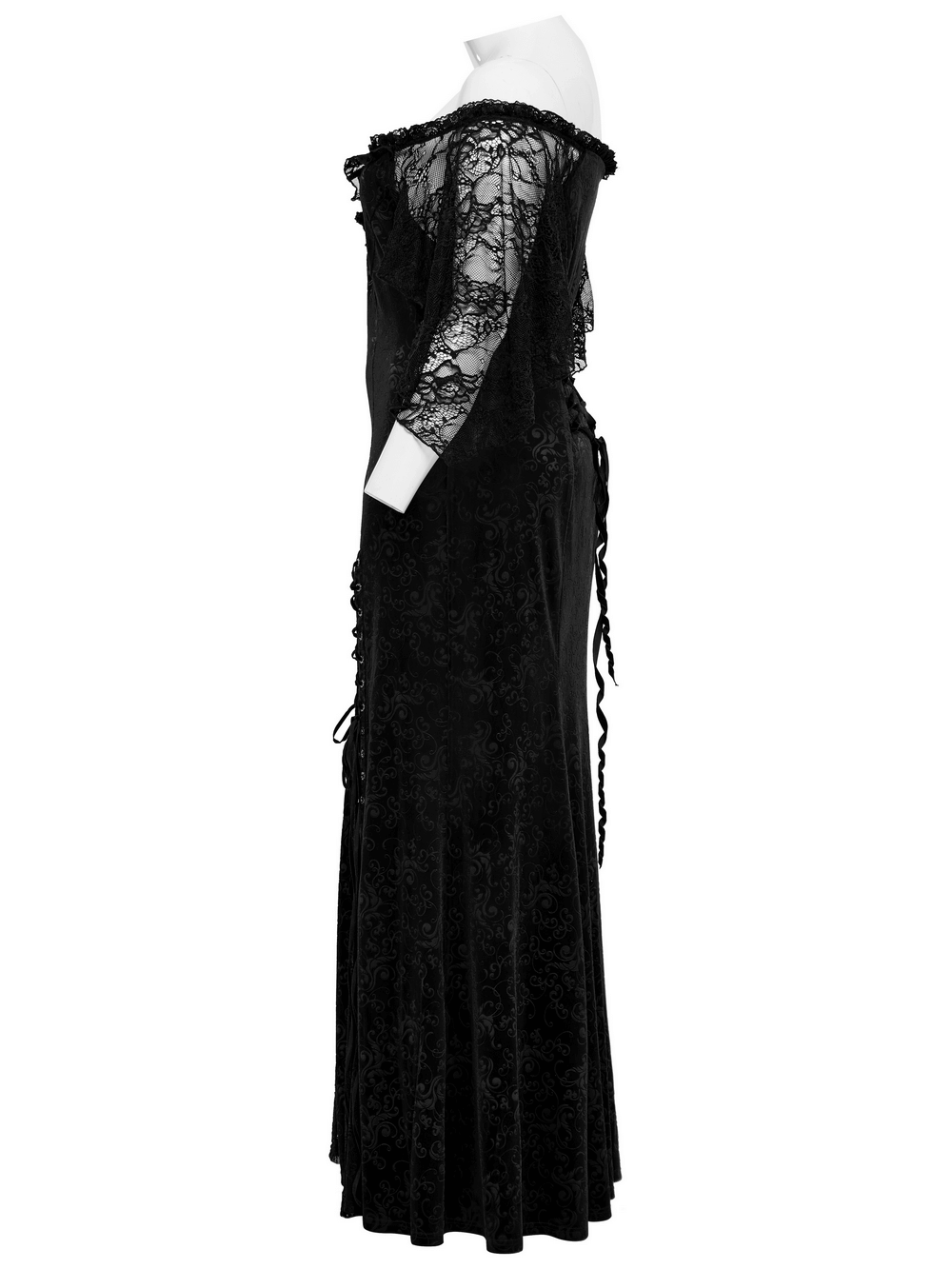 Gothic elegance black velvet lace-up dress featuring off-shoulder design and delicate lace sleeves.