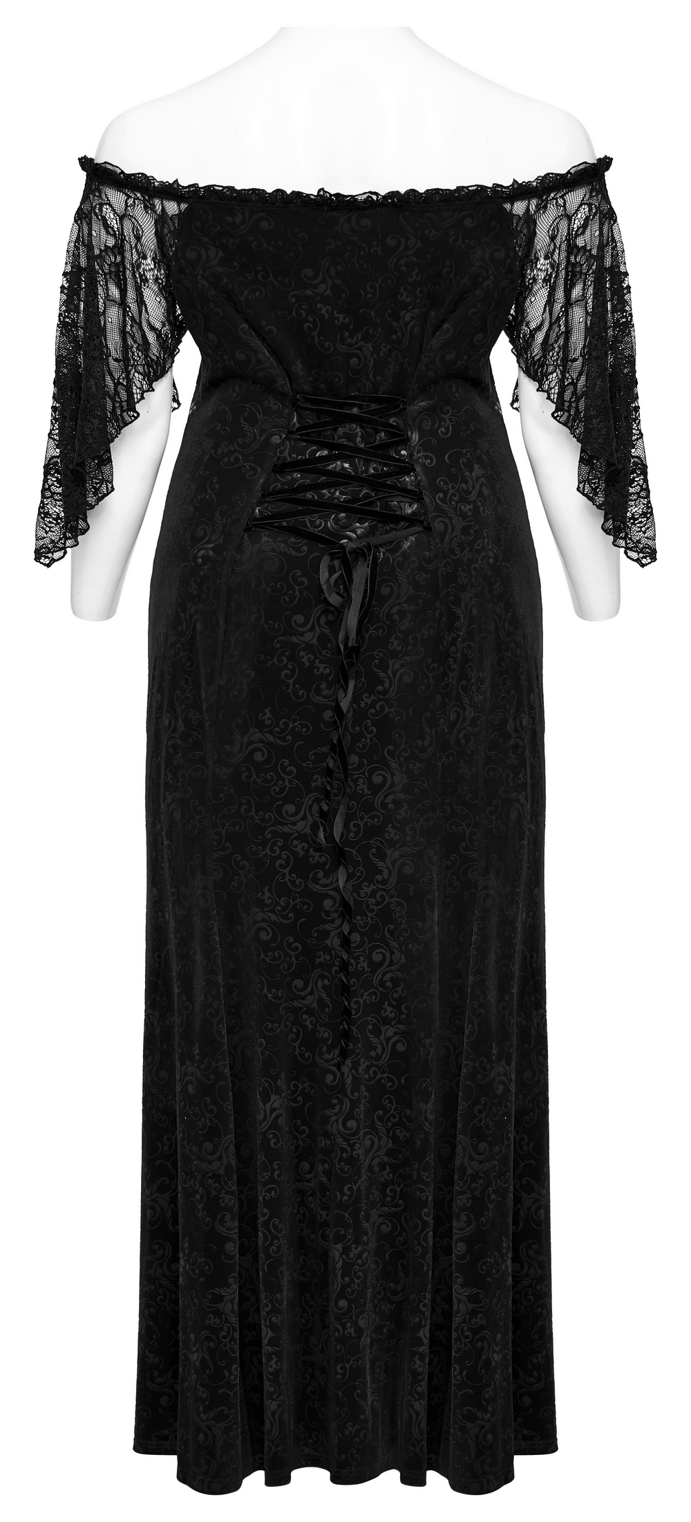 Back view of Gothic Elegance Velvet Lace-Up Long Dress in black with lace sleeves and ruffle trim.