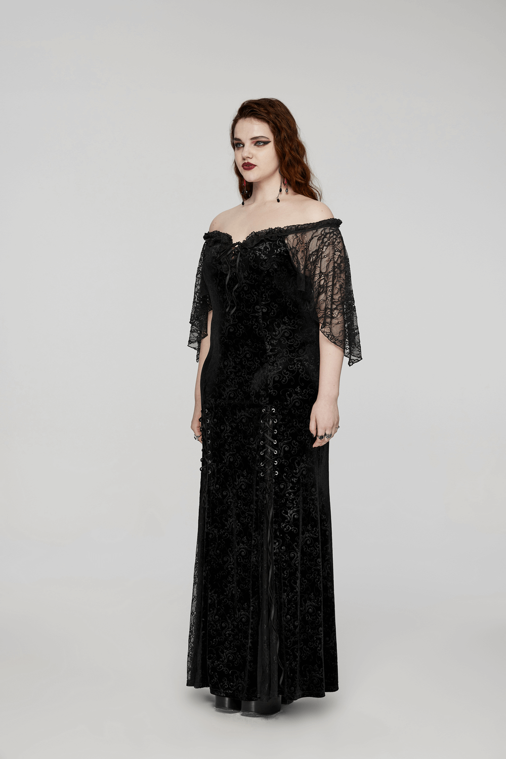 Gothic elegance black velvet lace-up long dress with off-shoulder design and intricate lace sleeves.