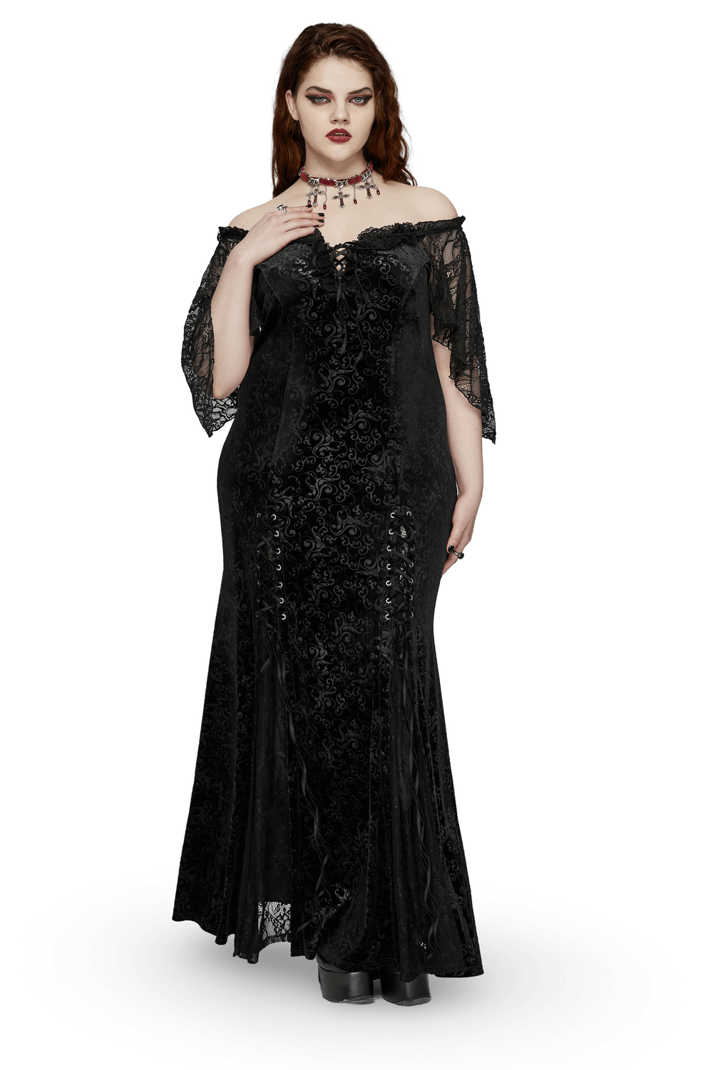 Gothic elegance black velvet lace-up dress with off-shoulder design and ruffle edges, perfect for a mystical look.