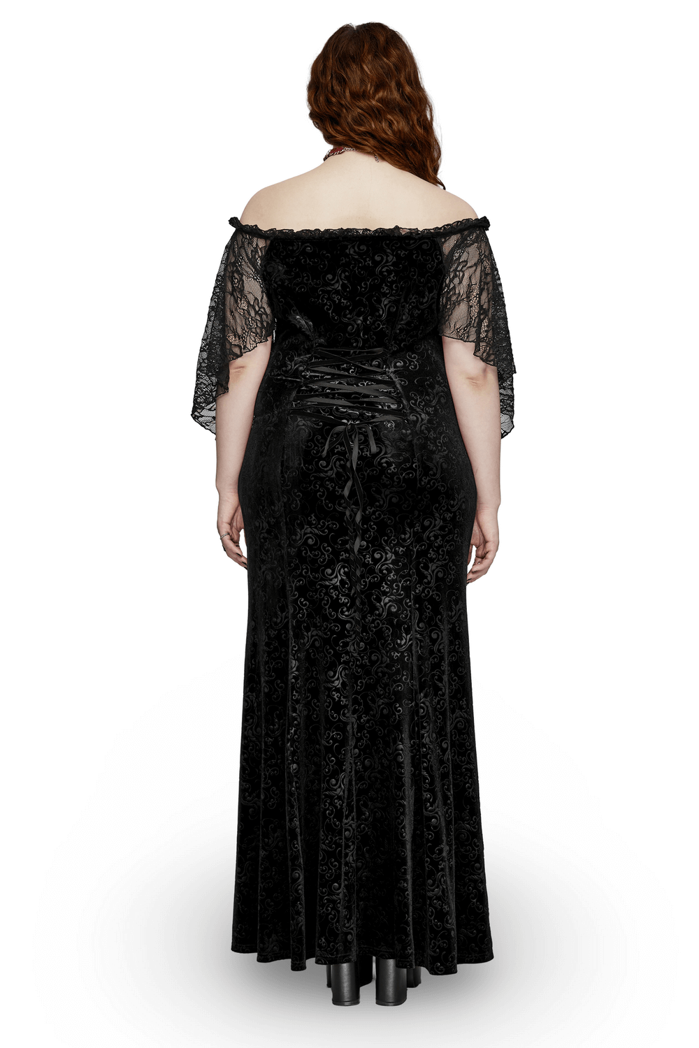 Back view of Gothic Elegance Velvet Lace-Up Long Dress in Black, showcasing embossed velvet and lace sleeves.