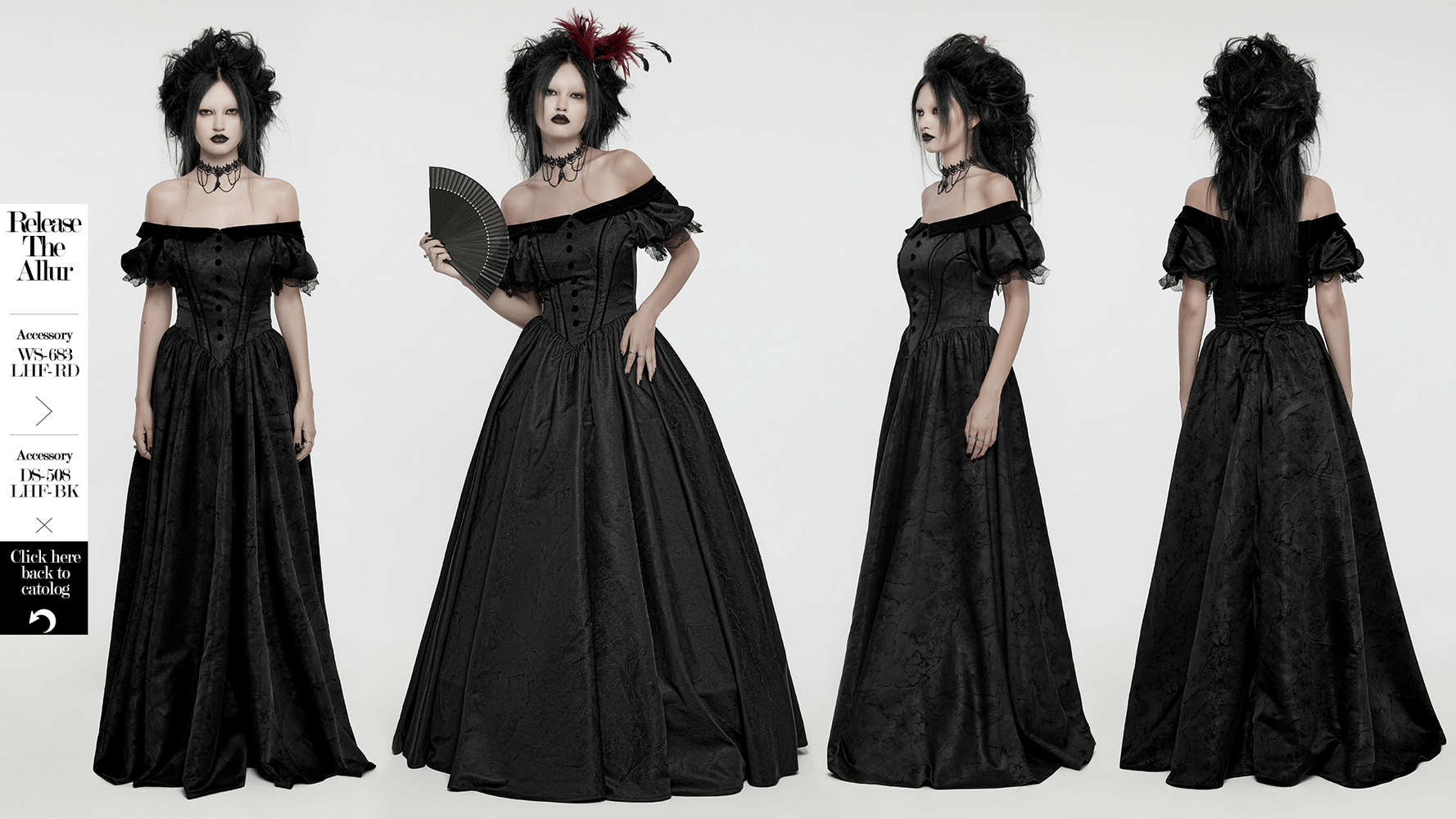 Goth elegant ball gown with off-shoulder design, lace details, and textured jacquard fabric, perfect for formal occasions.