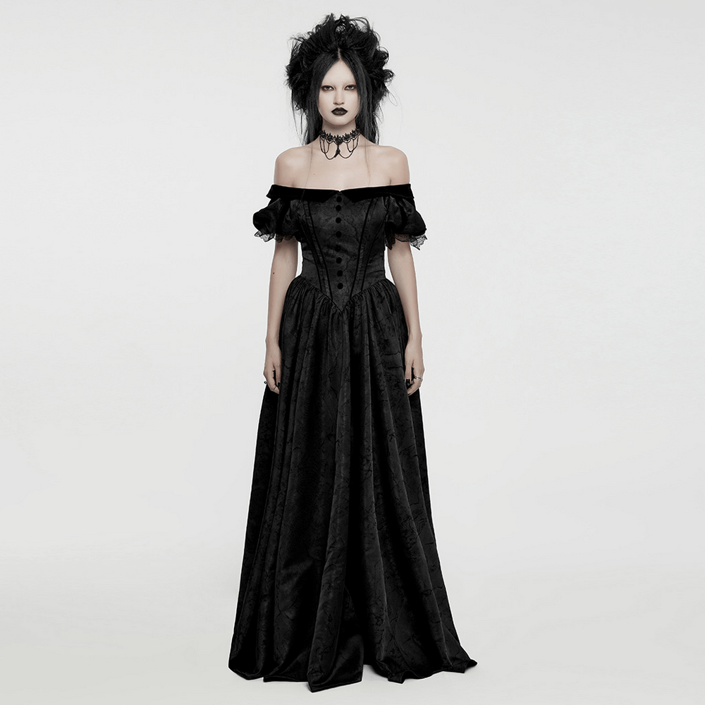 Elegant gothic ball gown with off-shoulder design, lace details, and textured jacquard fabric, perfect for formal occasions.