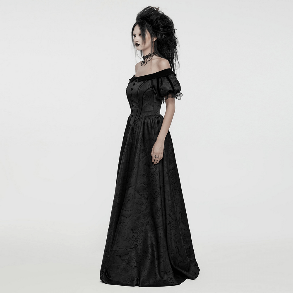 Elegant gothic off-shoulder ball gown in black jacquard, featuring lace details and vintage-inspired design elements.