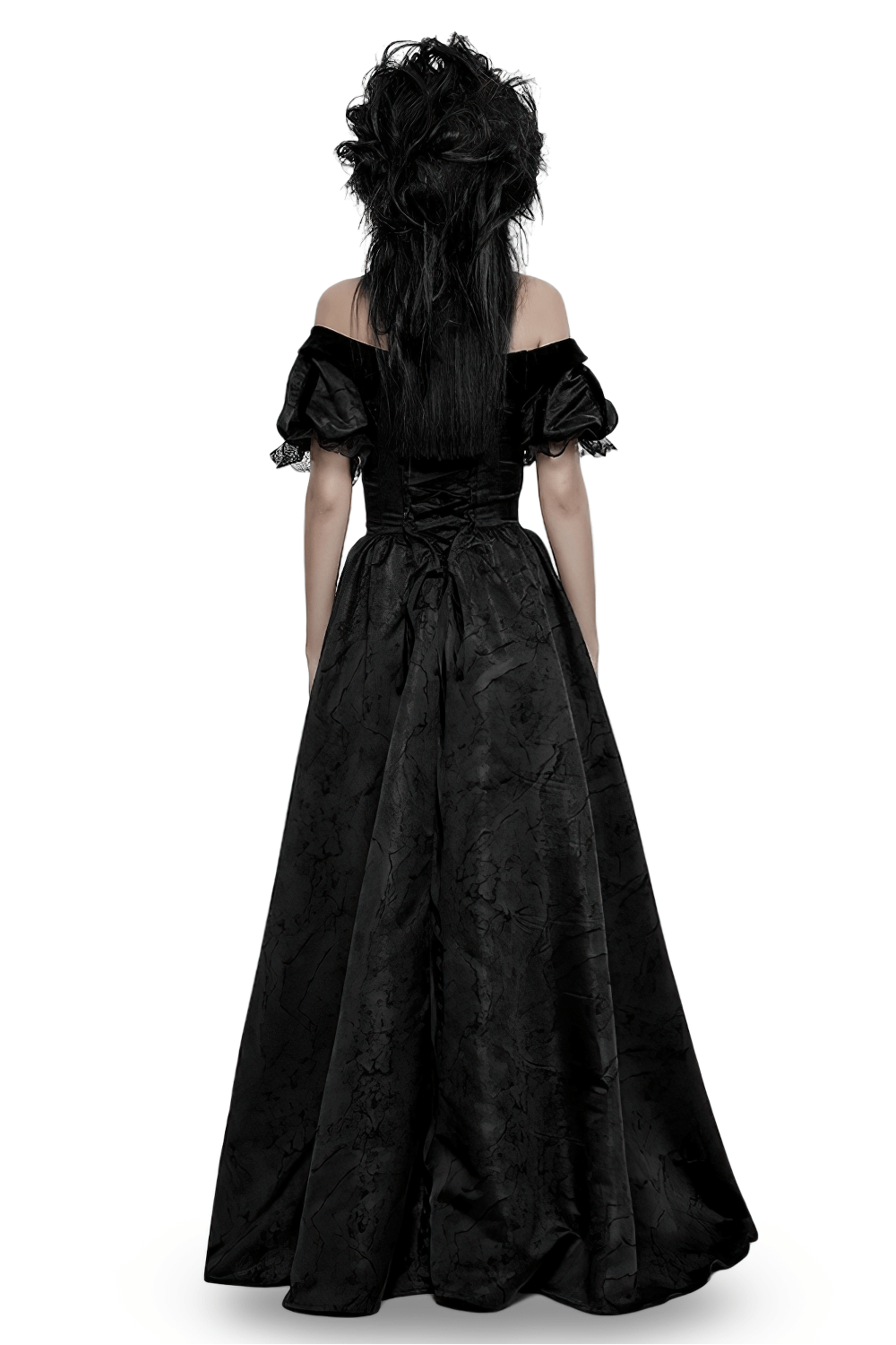 Gothic elegant ball gown showcasing off-shoulder design, textured jacquard fabric, and dramatic bubble sleeves from the back.