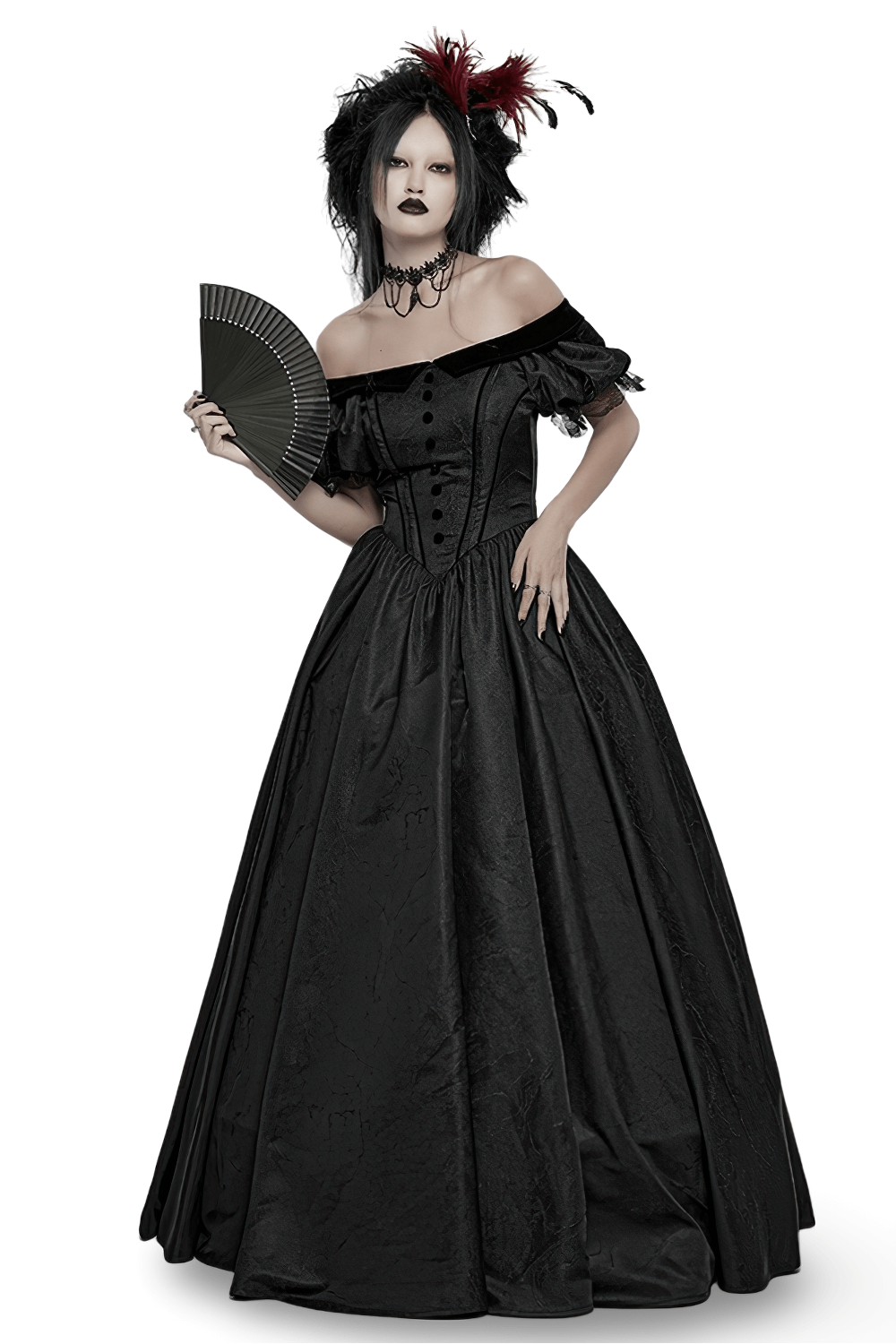 Elegant gothic ball gown with off-shoulder design, lace details, and fan accessory, showcasing Victorian-style charm.