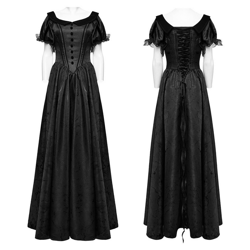 Elegant Gothic ball gown with off-shoulder design, lace details, and retro collar in classic black jacquard fabric.