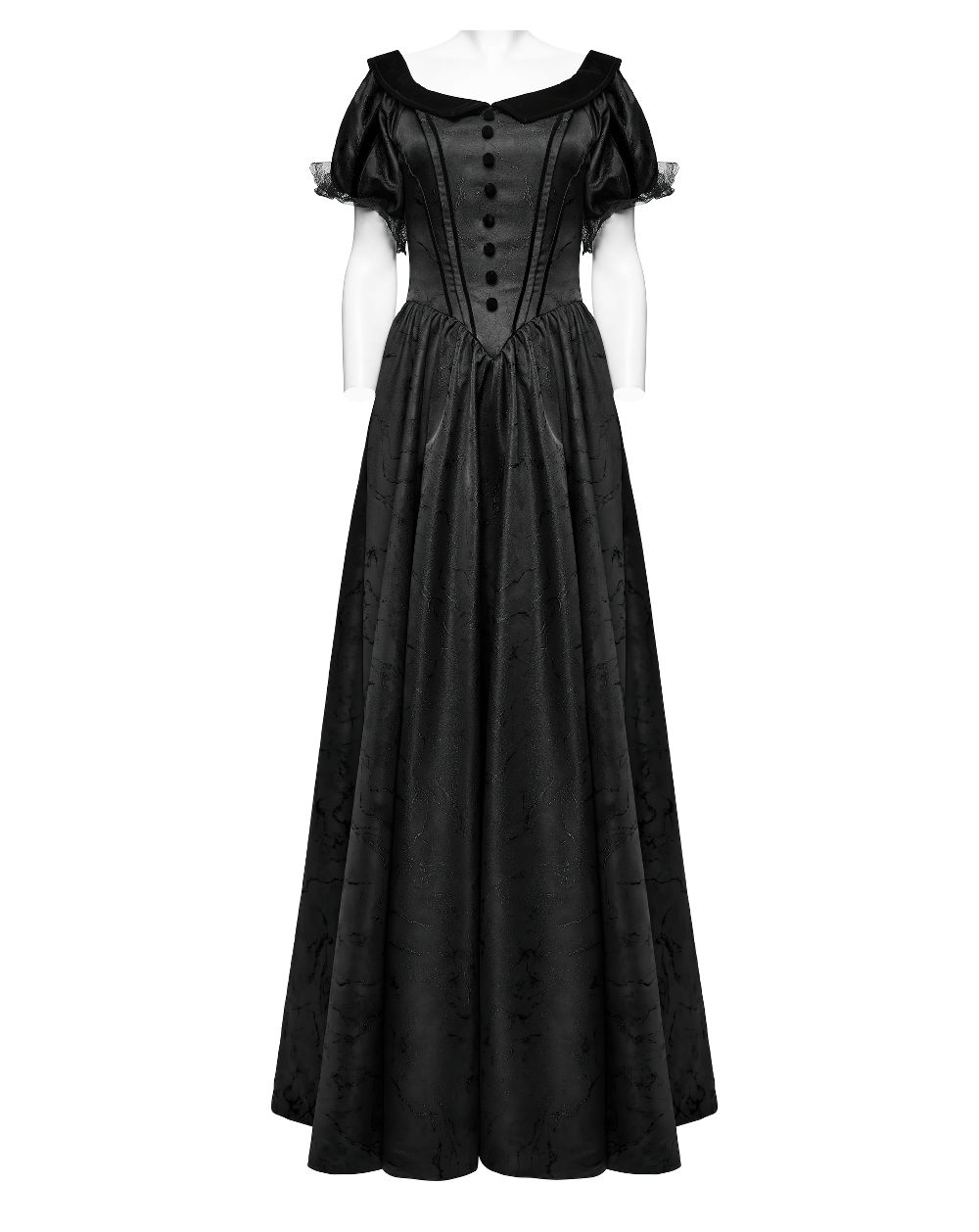 Elegant Gothic off-shoulder ball gown dress with vintage lace and jacquard fabric, featuring buttons and bubble sleeves.