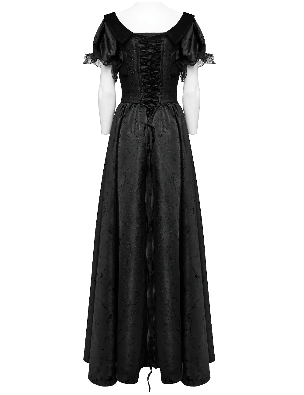 Elegant Gothic off-shoulder jacquard ball gown showcasing lace details and a vintage-inspired silhouette from the back.