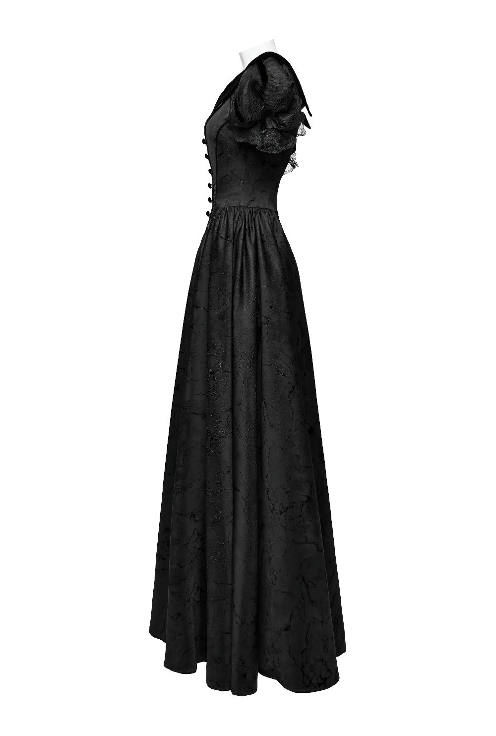 Elegant gothic ball gown with off-shoulder design, textured jacquard fabric, and lace bubble sleeves. Perfect for formal events.