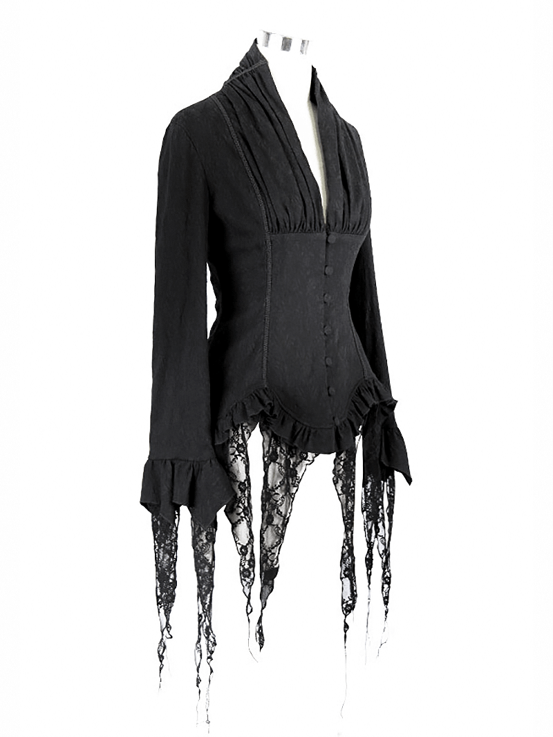 Gothic elegant black deep V shirt for women with lace inserts and vintage long sleeves.