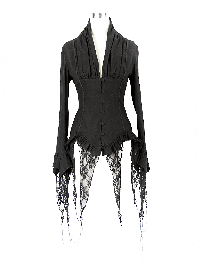 Gothic elegant black deep V shirt for women with vintage lace inserts and long sleeves, perfect for stylish outfits.