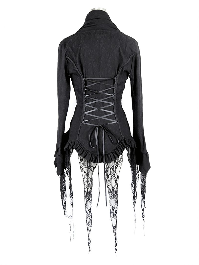 Back view of women's gothic black deep V shirt with lace detailing and corset-style lacing, perfect for vintage fashion lovers.