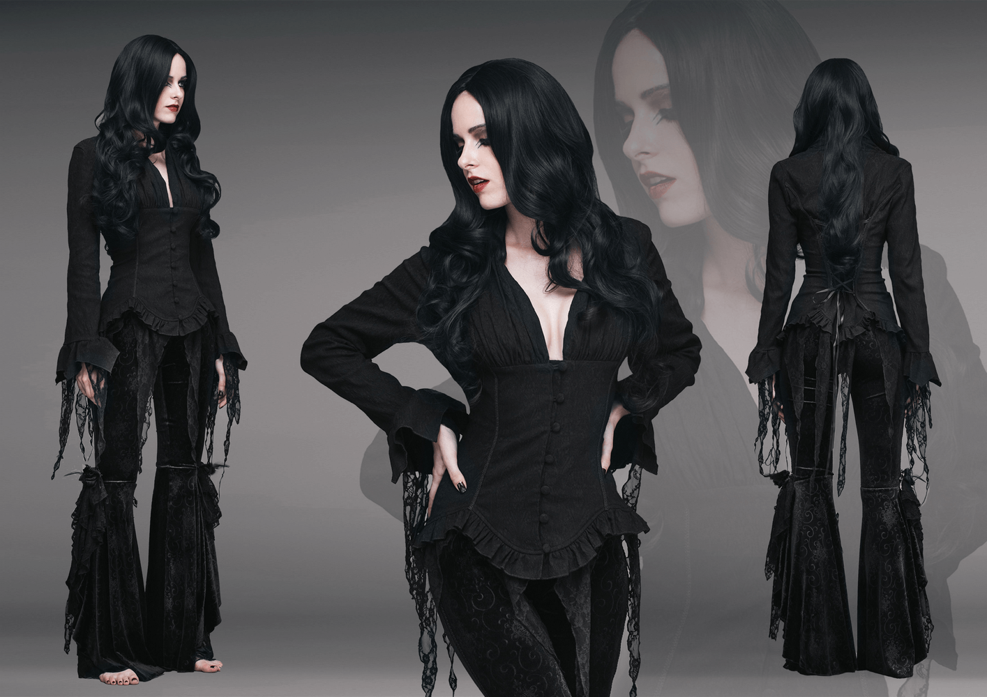 Gothic elegant black deep V shirt for women with vintage lace details, perfect for a stylish gothic look.