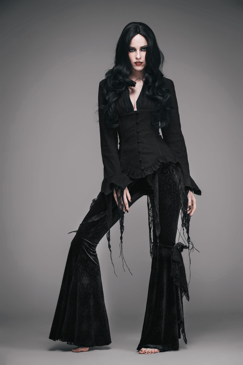 Gothic elegant black deep V women's shirt featured with stylish flared pants for a vintage look.