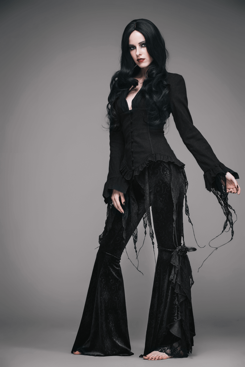 Gothic elegant black deep V shirt for women, styled with flared pants, showcasing vintage and chic elements.