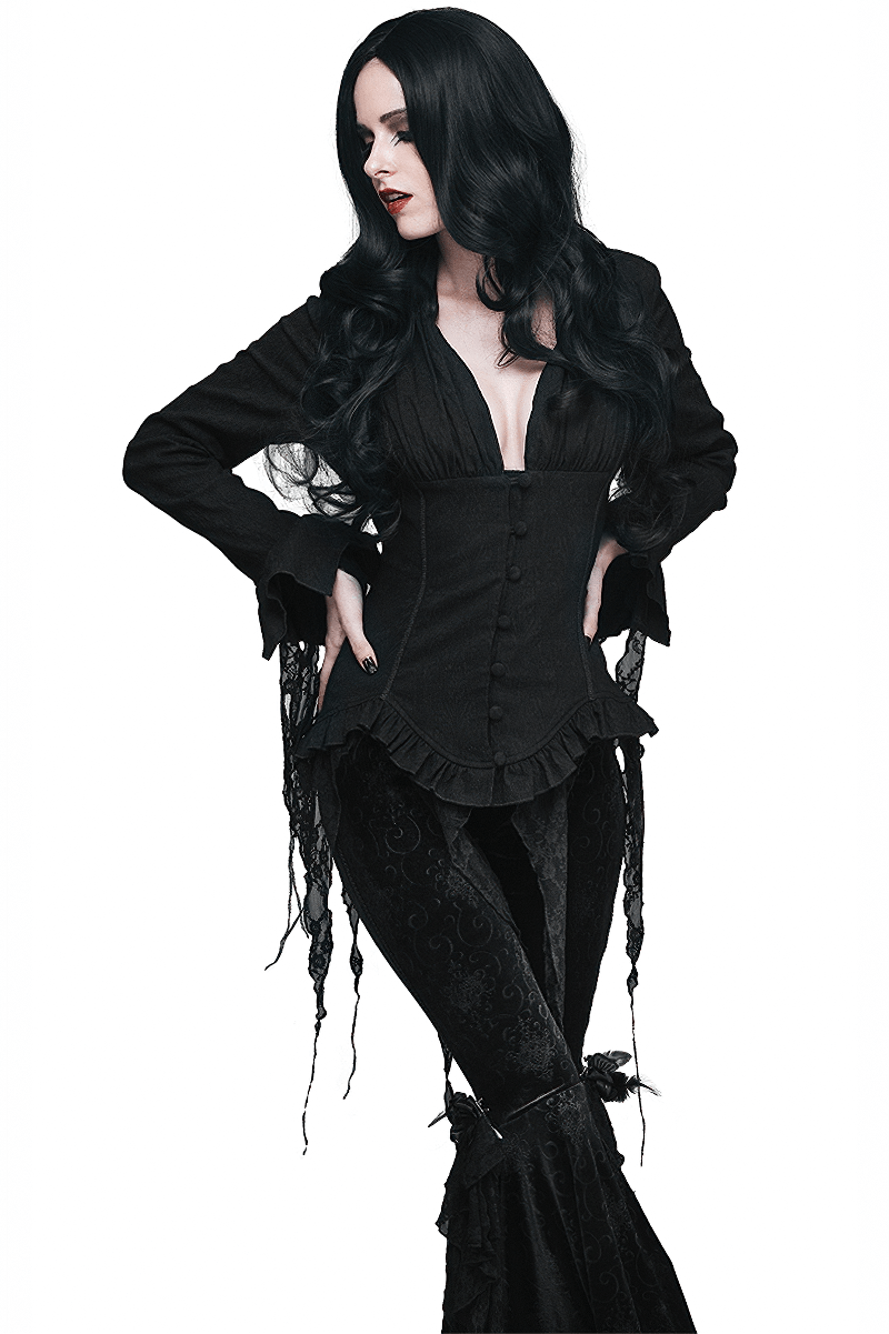 Gothic elegant black deep V shirt for women, featuring lace inserts and a vintage cut, perfect for stylish occasions.