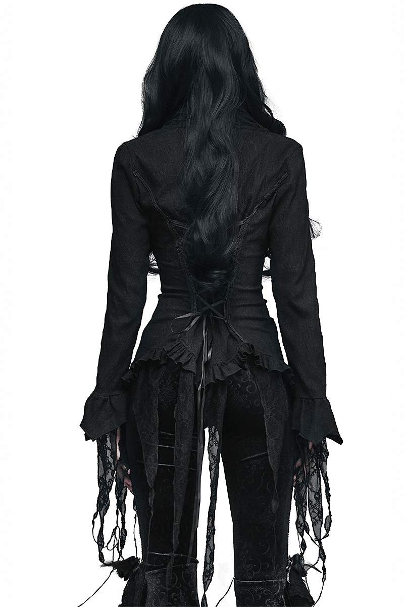 Back view of a gothic elegant black deep V shirt for women, featuring lace inserts and a vintage cut.