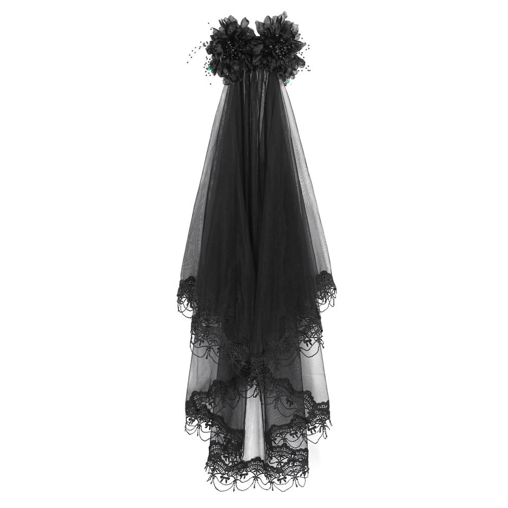Gothic elegant black veil with flower hair clip, perfect for a bridal look with mystery and drama.