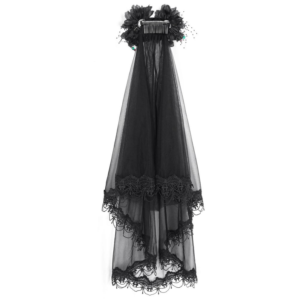 Gothic black veil with flower hair clip, soft tulle and intricate lace for a dramatic bridal look.
