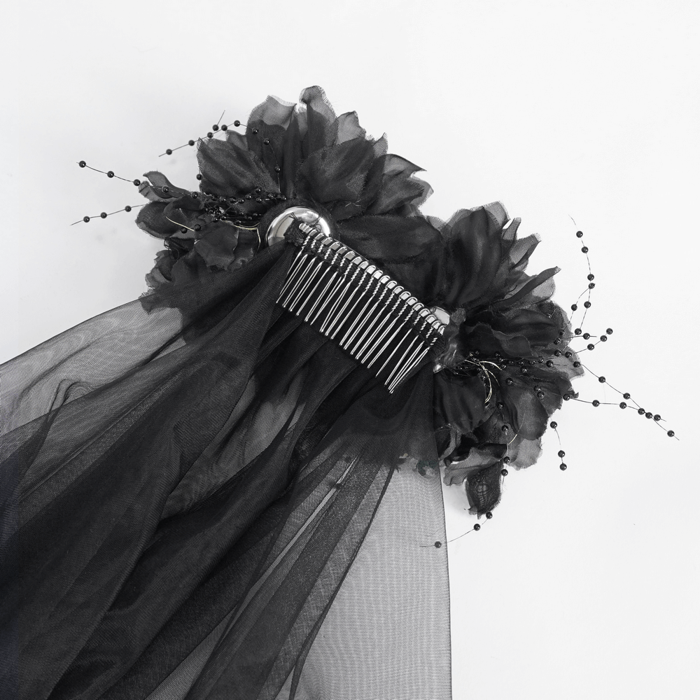 Gothic black veil with floral hair clip, featuring soft tulle and a decorative comb for a unique bridal look.