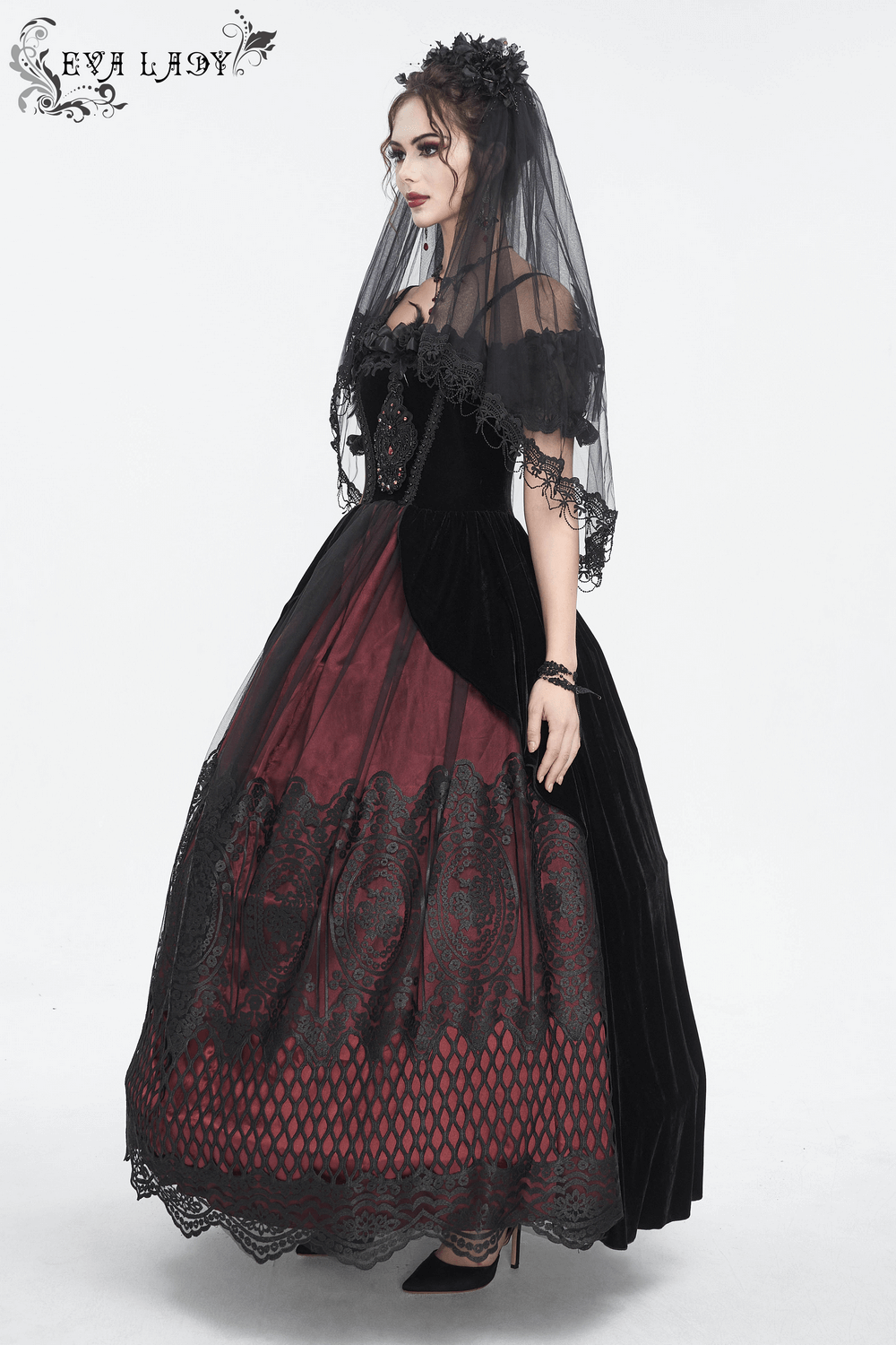 Gothic Elegant Black Veil with Flower Hair Clip