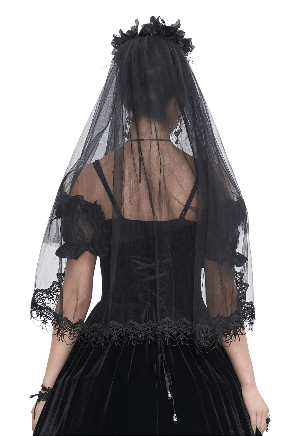 Elegant black bridal veil with flower hair clip, perfect for gothic-inspired weddings.