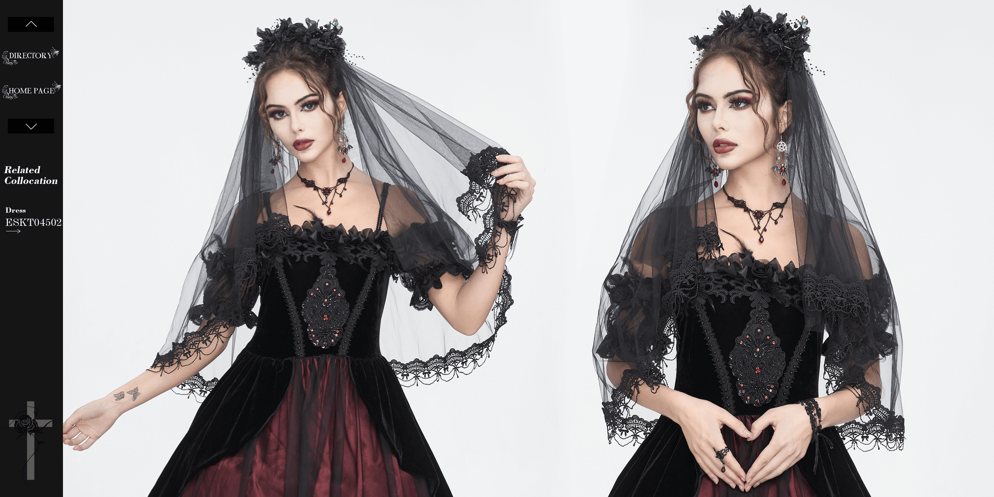 Gothic bridal black veil with floral hair clip on elegant model in dark dress, exuding mystery for weddings.