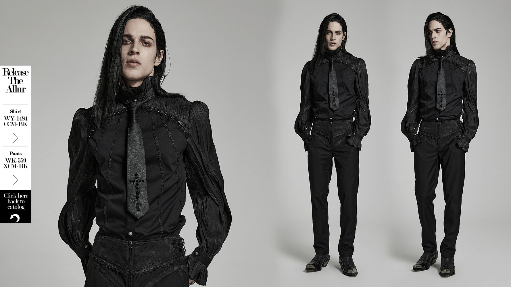 Gothic model in sleek black attire with a stylish jacquard cross tie, showcasing a dark, elegant aesthetic.