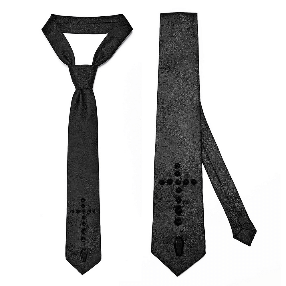 Gothic elegant jacquard cross tie with spikes and coffin clasps, perfect for a dark, stylish look.