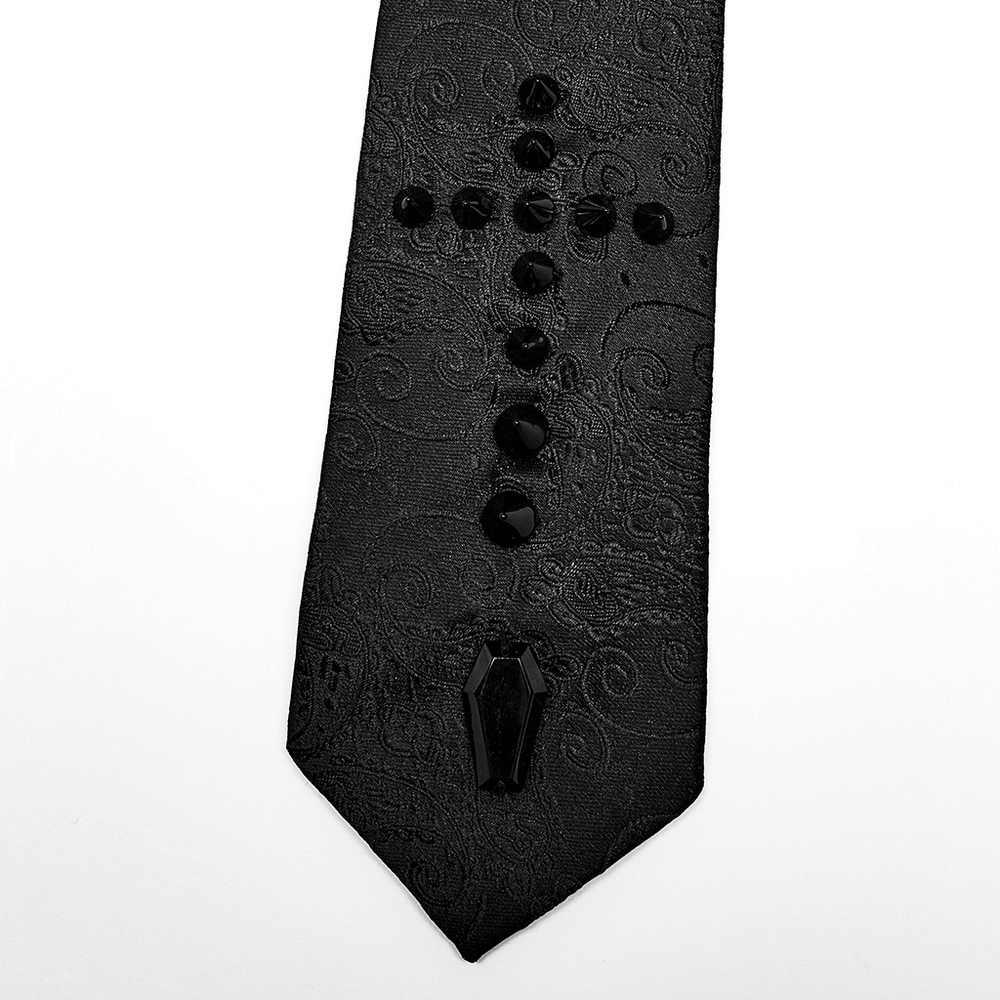 Gothic jacquard cross tie with spikes and coffin clasp, perfect for elevating a dark, elegant look.