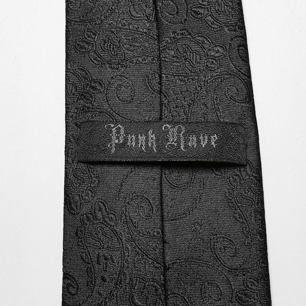 Gothic jacquard tie with intricate black paisley pattern and 'Punk Rave' label, perfect for an elegant goth look.