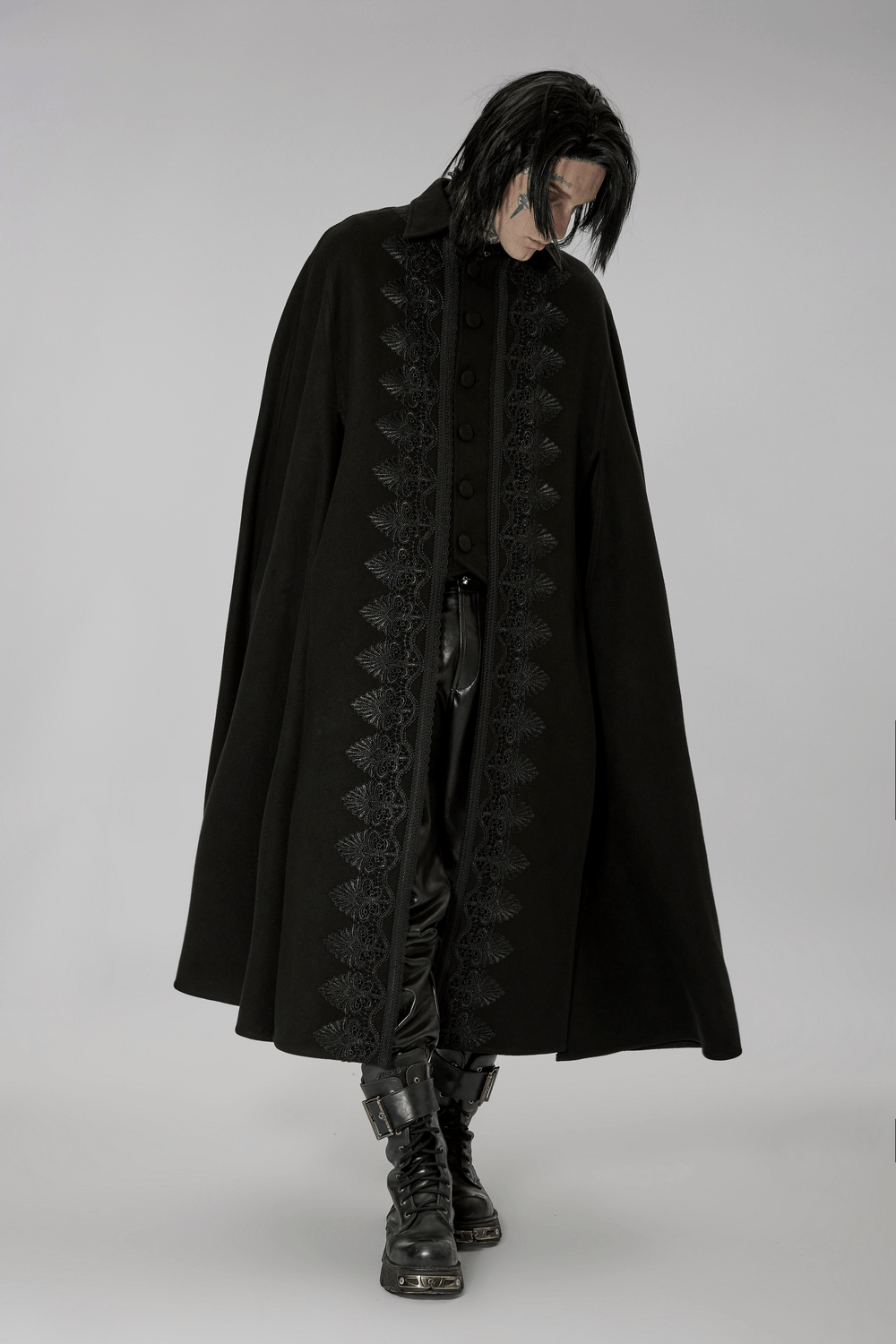 Gothic Elegant Lace-Trimmed Long Cloak for Men - HARD'N'HEAVY
