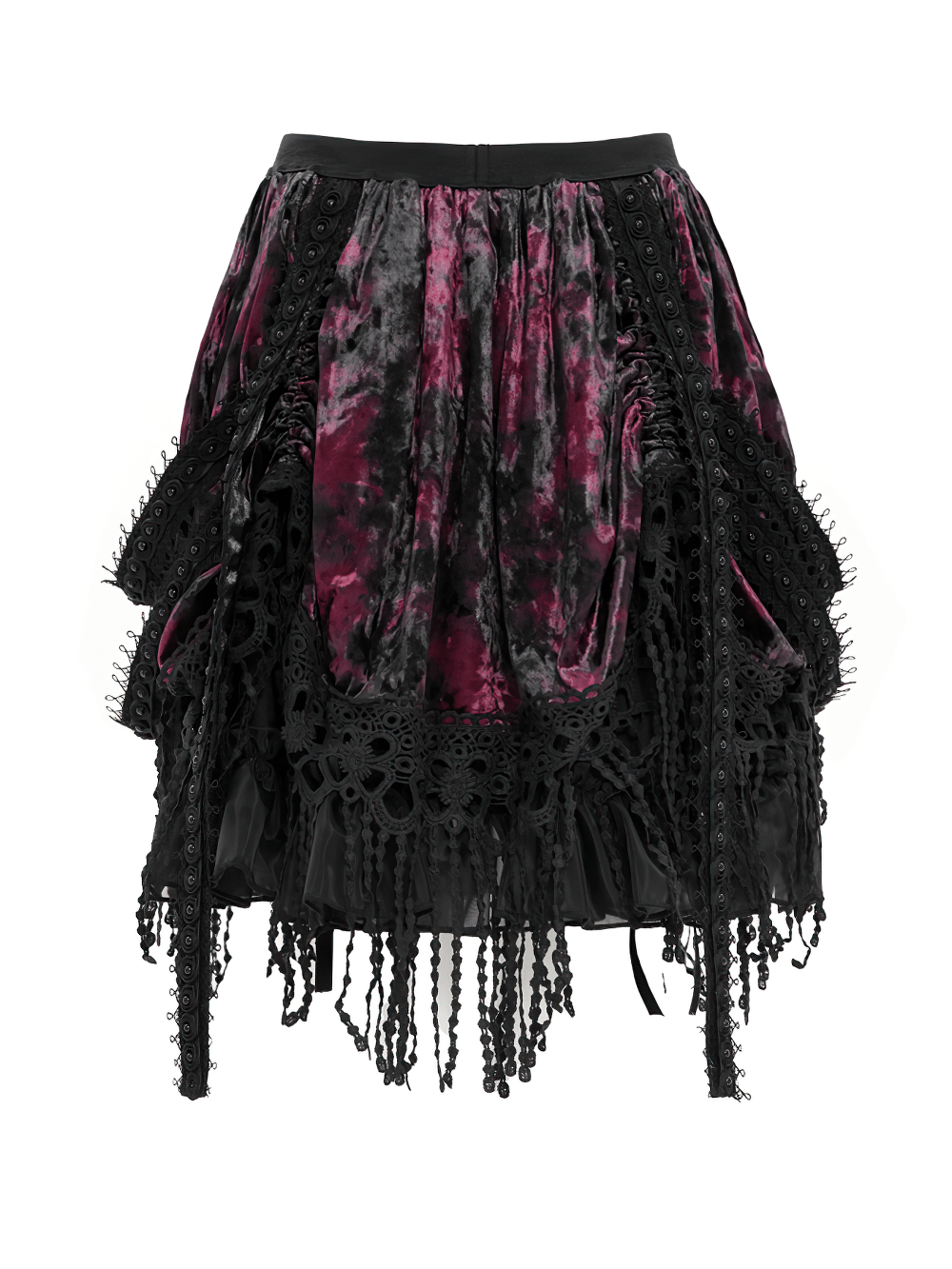 Gothic Elegant Velvet and Lace Layered Skirt featuring burgundy velvet and black lace ruffles, perfect for a dramatic look.